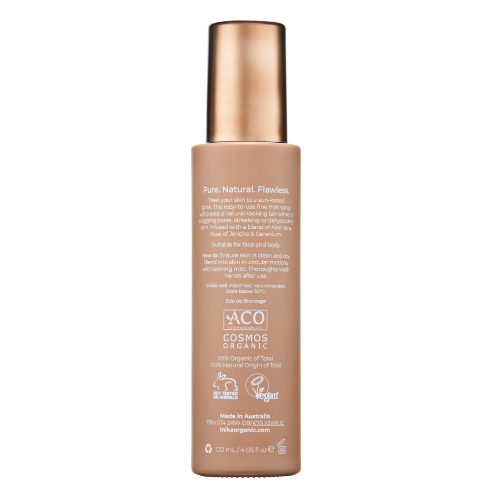 INIKA Organic, Natural Tanning Mist, naturlig, ekologisk, vegansk, brun utan sol, solkysst look, snabbt och enkelt. Lämplig för ansikte och kropp.