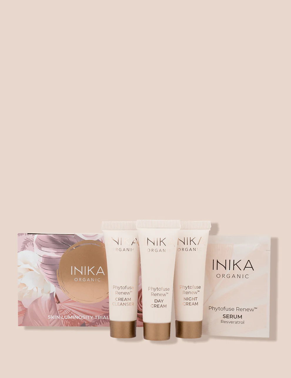 INIKA Organic, Skin Luminosity Trial Regime, provkit, naturlig, ekologisk, återfuktande, ansiktskräm för dag och natt, serum och rengöring.