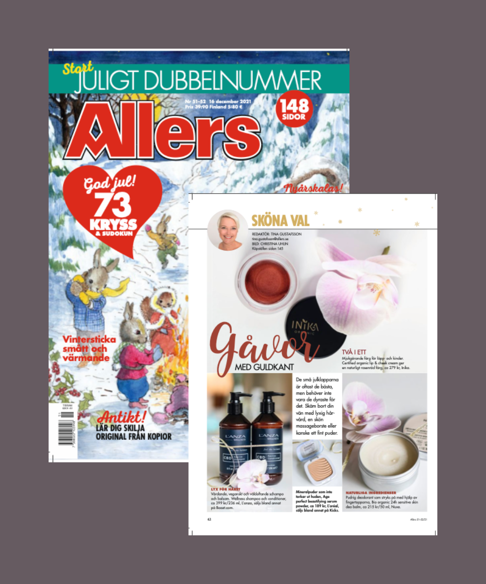 Tidningen Allers rekommenderar om Inika Organics lip and cheek cream.k cream.