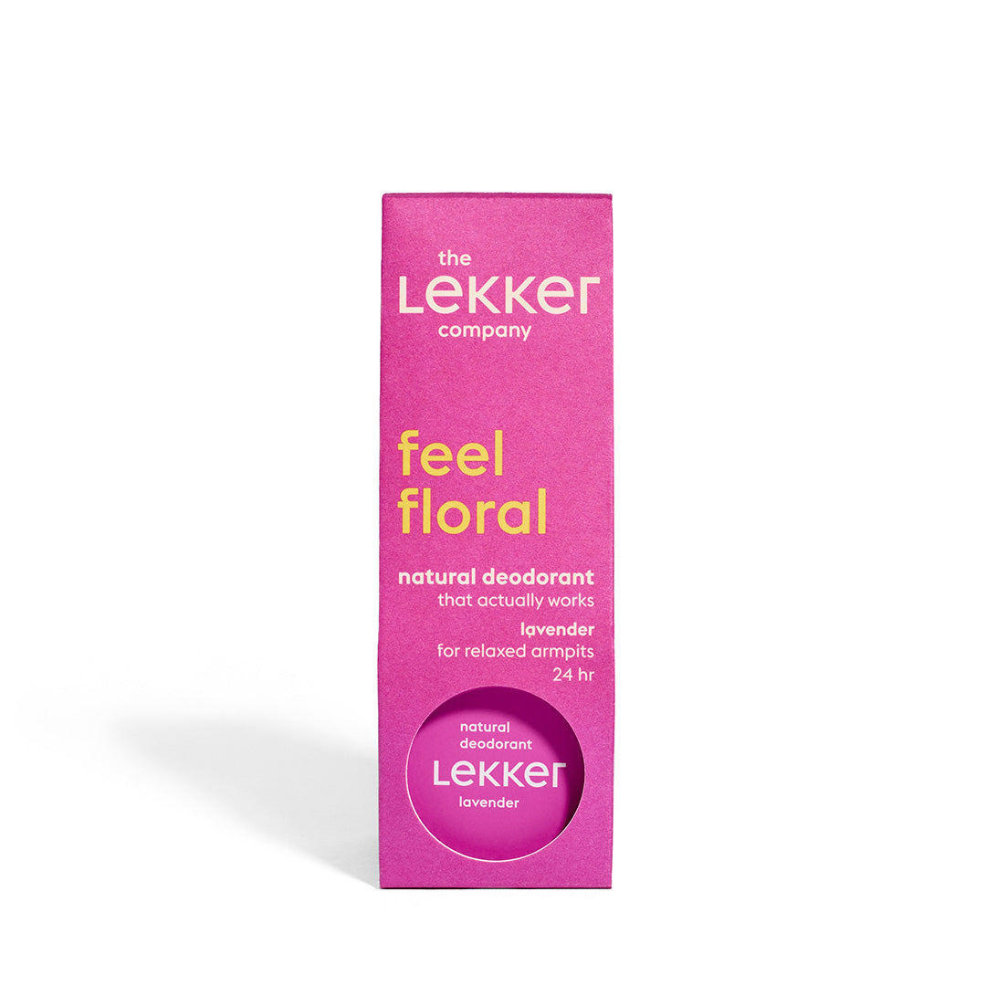 LEKKER Feel Floral deodorantkräm naturlig och vegansk. Rosa burk och förpackning tillsammans