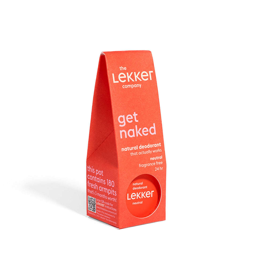 LEKKER Get Naked naturlig vegansk oparfymerad deodorantkräm i röd kartongförpackning