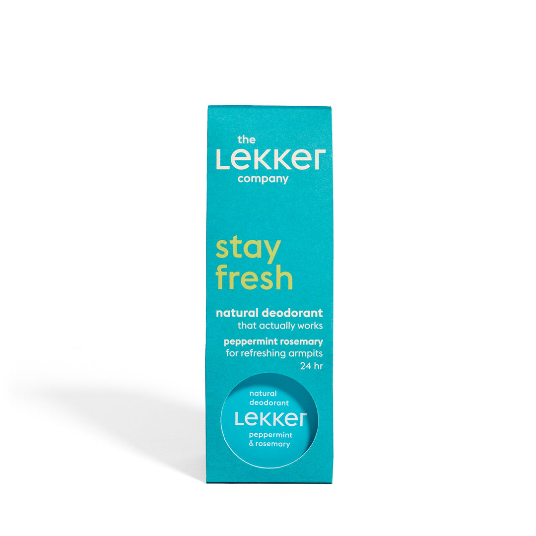 LEKKER Stay Fresh deodorantkräm naturlig och vegansk. Turkos burk och förpackning tillsammans