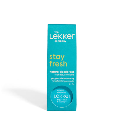 LEKKER Stay Fresh deodorantkräm naturlig och vegansk. Turkos burk och förpackning tillsammans