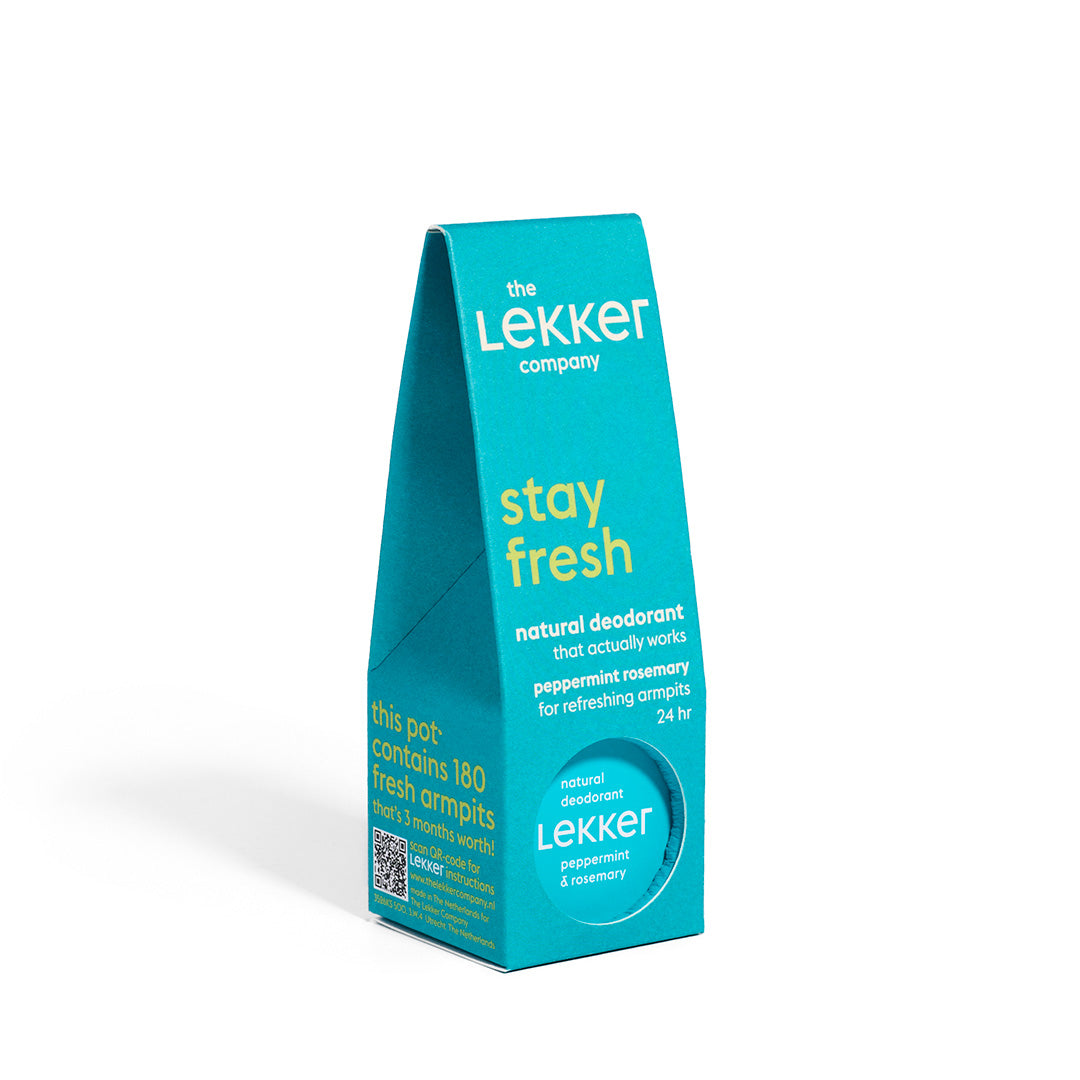 LEKKER Stay Fresh naturlig vegansk deodorantkräm i turkos kartongförpackning