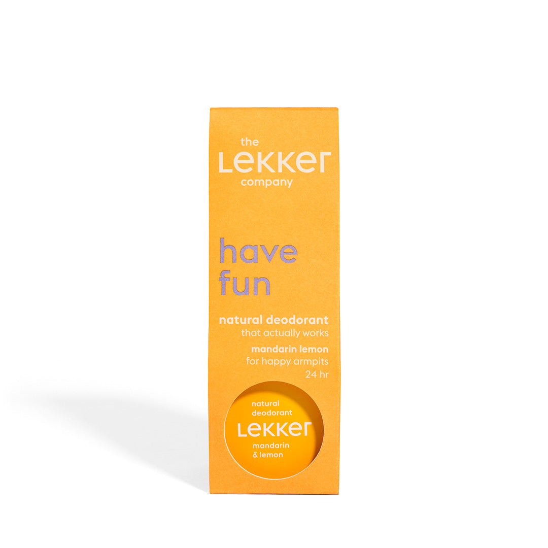 LEKKER Have Fun deodorantkräm naturlig och vegansk - burk och förpackning i orange design