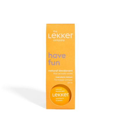 LEKKER Have Fun deodorantkräm naturlig och vegansk - burk och förpackning i orange design