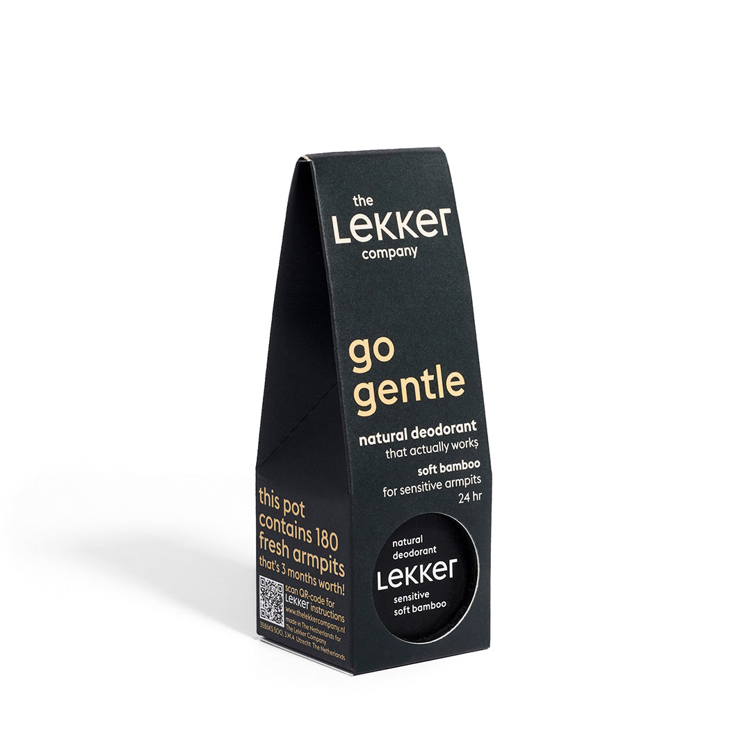 Kartongförpackning av LEKKER Go Gentle deodorantkräm i svart design