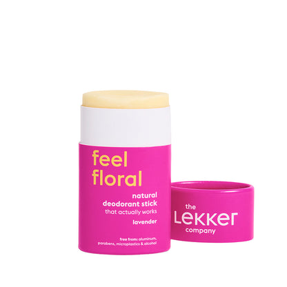 LEKKER Feel Floral naturlig vegansk deodorant stick i rosa förpackning med avtaget lock