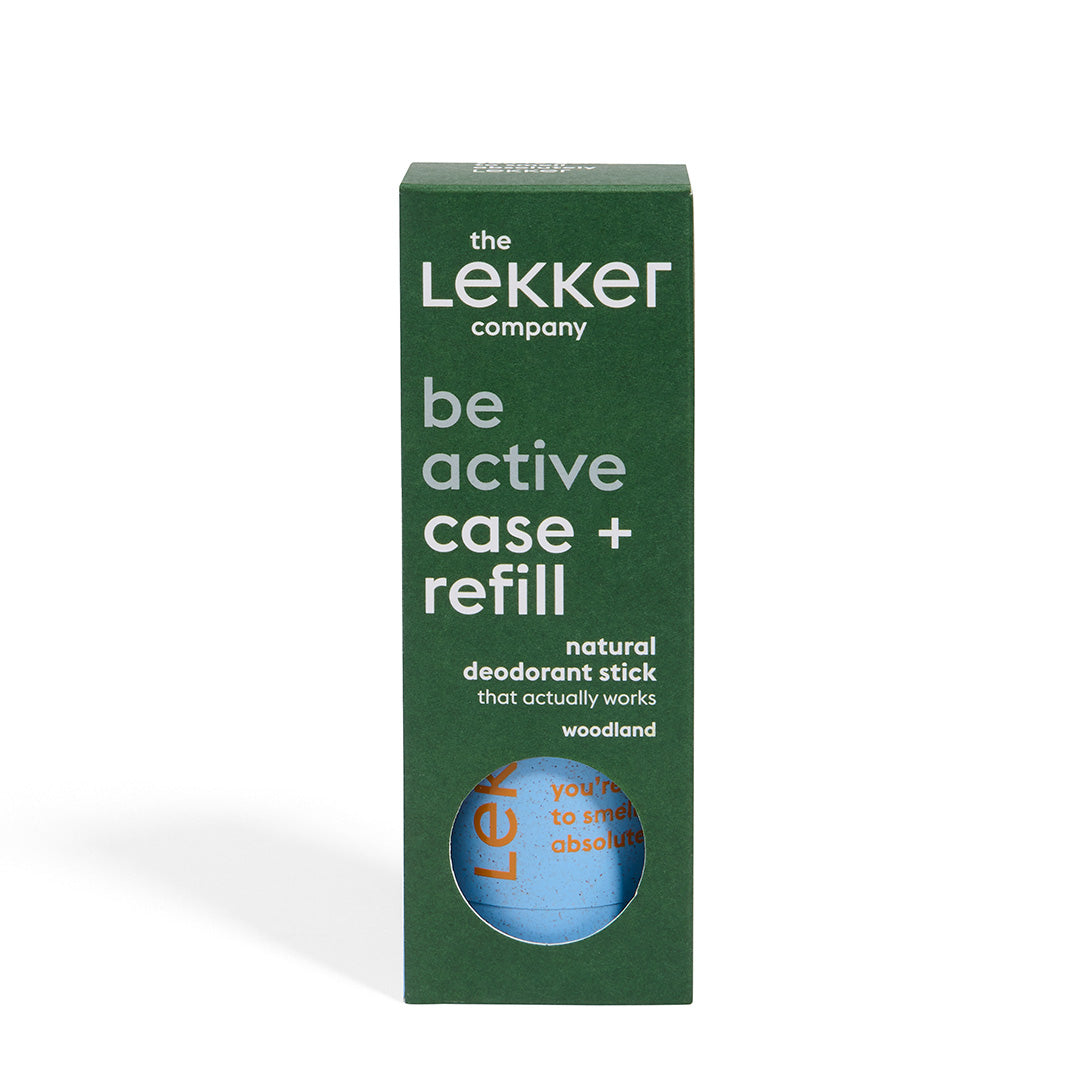 LEKKER Be Active refill kit med deodorantstick och återanvändbart fodral i grön förpackning