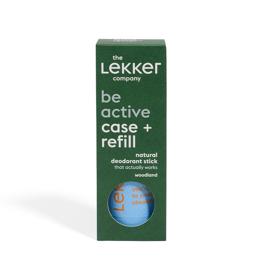 LEKKER Be Active refill kit med deodorantstick och återanvändbart fodral i grön förpackning