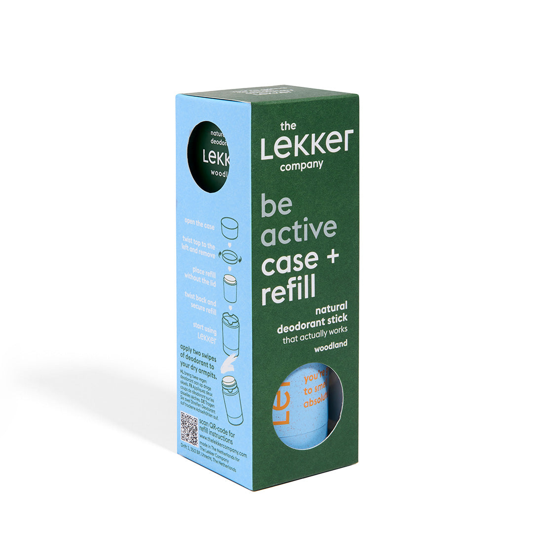 LEKKER Be Active refill kit med deodorantstick och återanvändbart fodral i grön förpackning