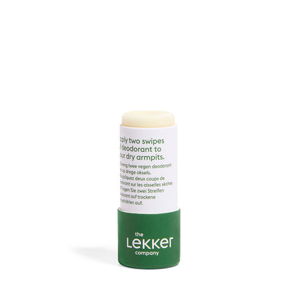 LEKKER Be Active naturlig vegansk deodorant stick travelsize - kompakt deodorant i grön förpackning med baksida synlig