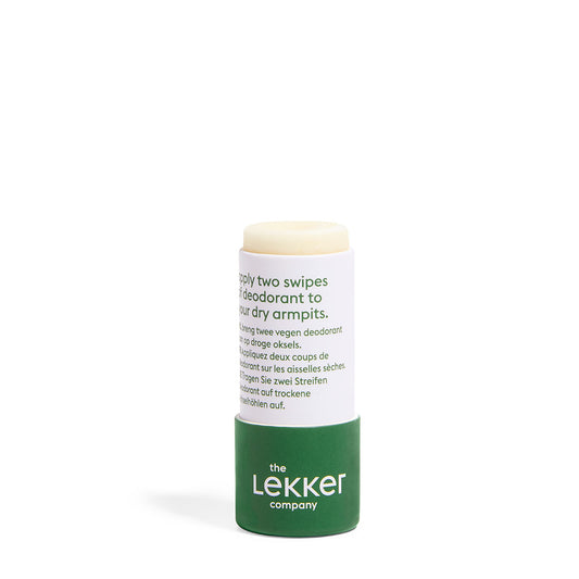 LEKKER Be Active naturlig vegansk deodorant stick travelsize - kompakt deodorant i grön förpackning med baksida synlig