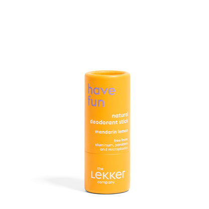 LEKKER Have Fun deodorant stick travelsize naturlig och vegansk - kompakt deodorant i orange förpackning framifrån