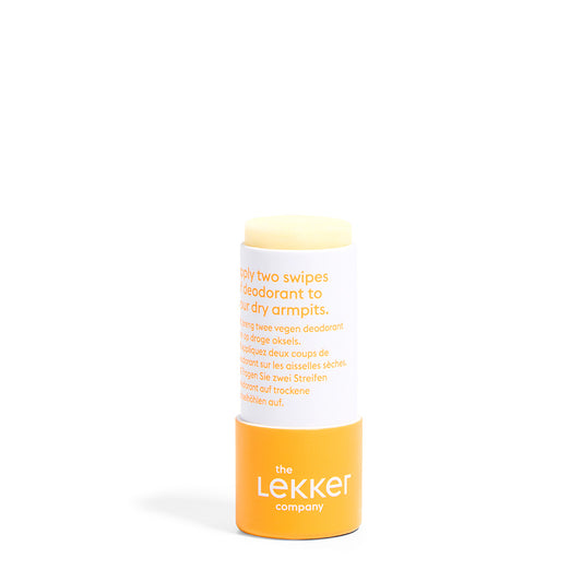 LEKKER Have Fun naturlig vegansk deodorant stick travelsize - liten deodorant i orange förpackning med baksida synlig
