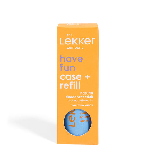 LEKKER Have Fun refill kit med deodorantstick och återanvändbart fodral i orange förpackning